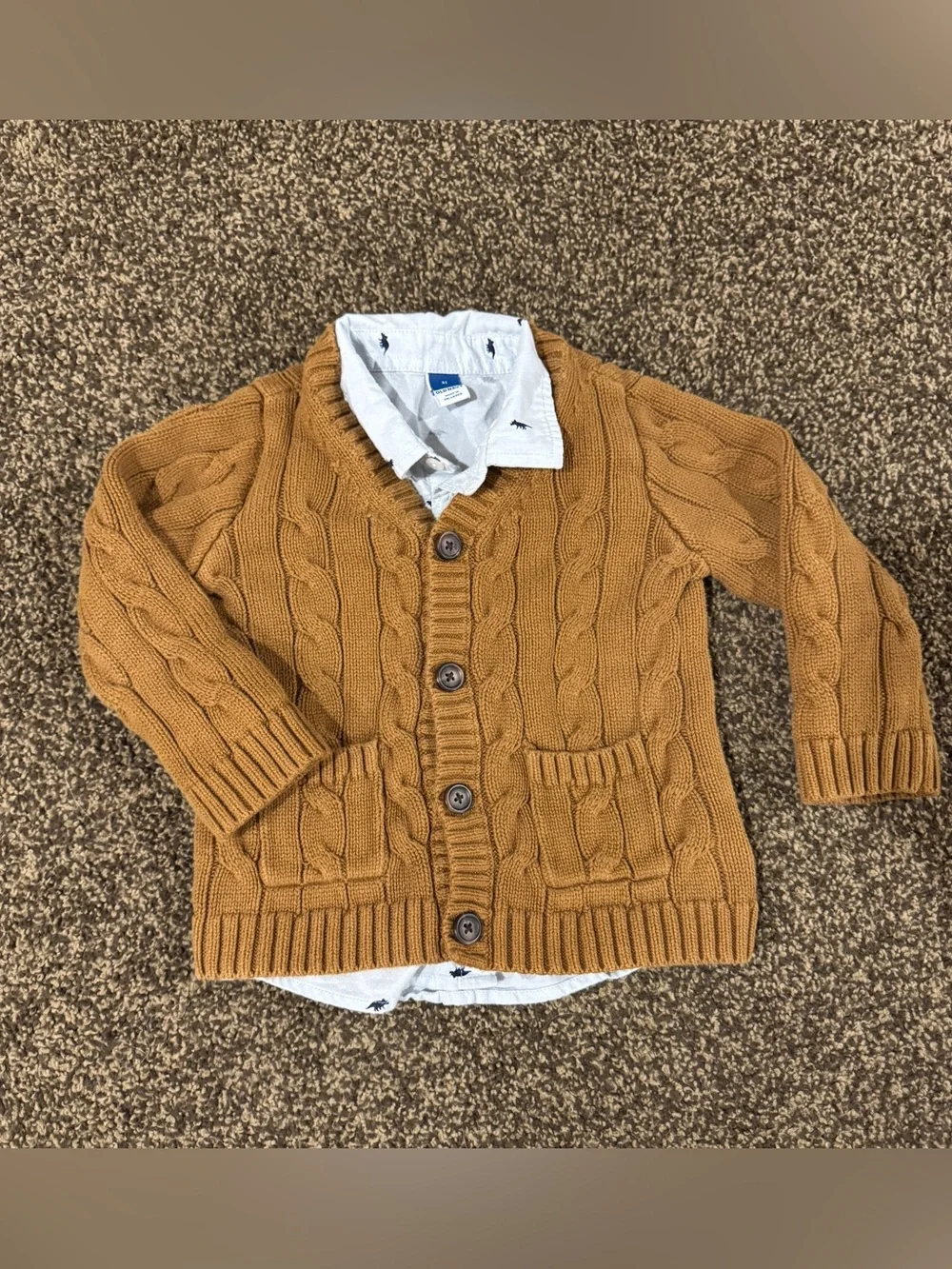 Boys 3T dinosaur long sleeve button-down shirt W/ brown cableknit sweater